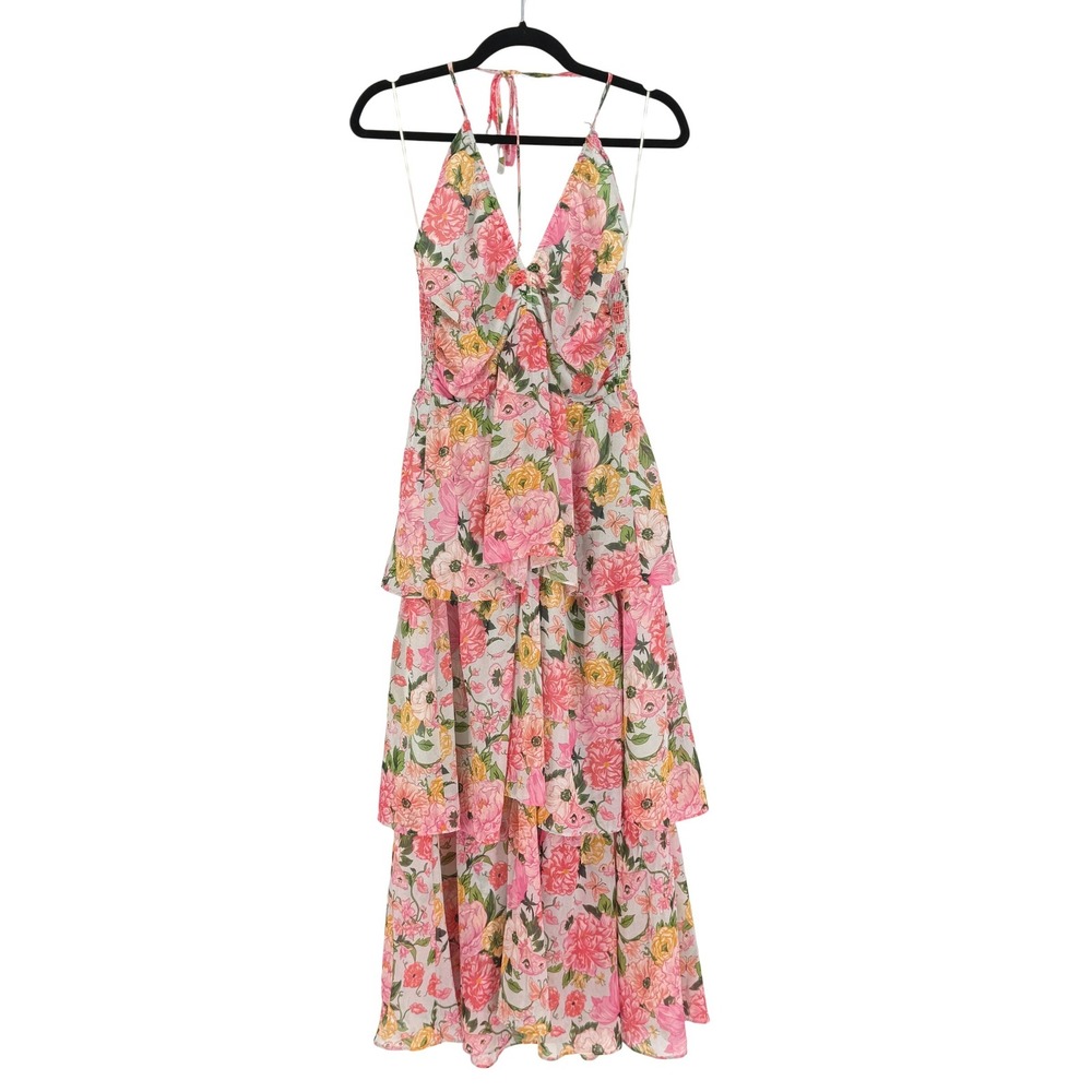 Womens New Floral Tiered Sheer Halter Ruffle Midi Dress Smock S Festive Whimsica